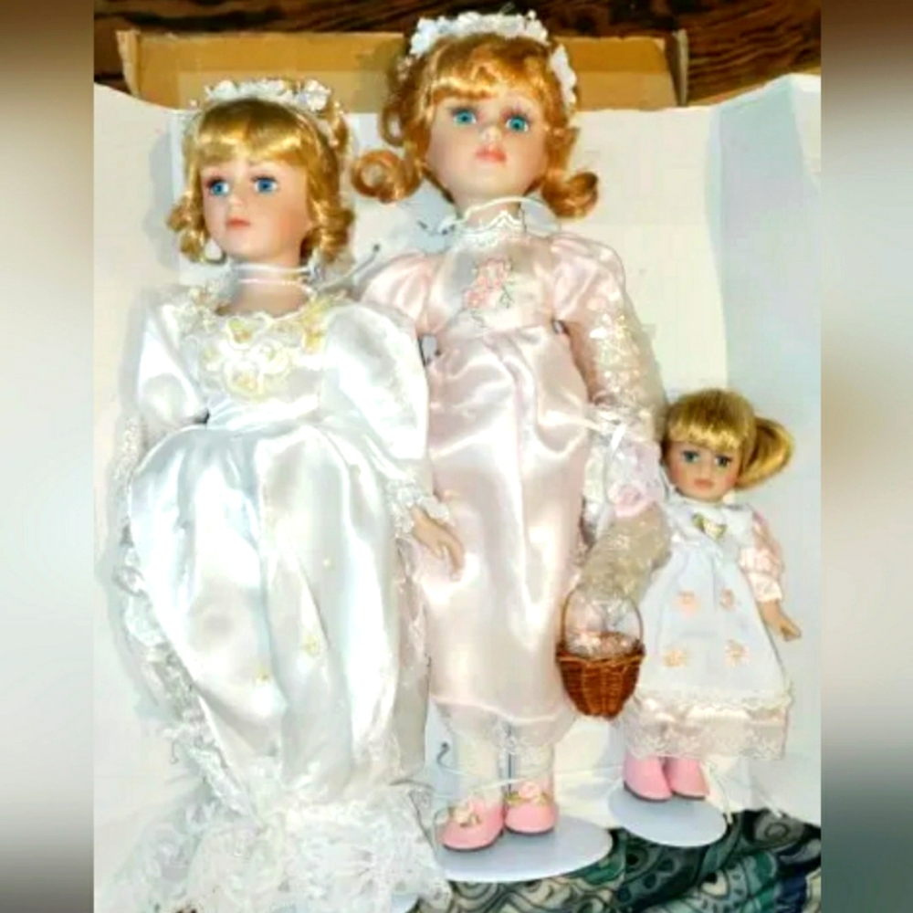 Bride, Bridesmaid, Flower Girl victorian porcelain dolls Collection BRAND NEW!